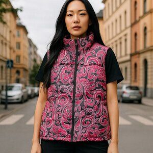🔥 Athleta Pink & Brown Paisley Puffer Vest | Size XS | Floral Print | Like New